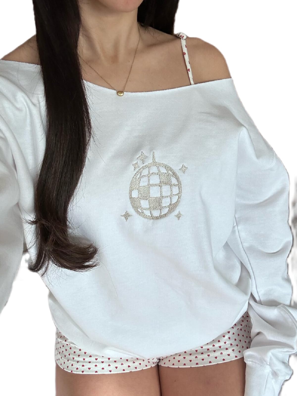 Women Y2k Off Shoulder Sweatshirt Long Sleeve Bow Print Pullover Top Vintage Graphic Sweatshirt