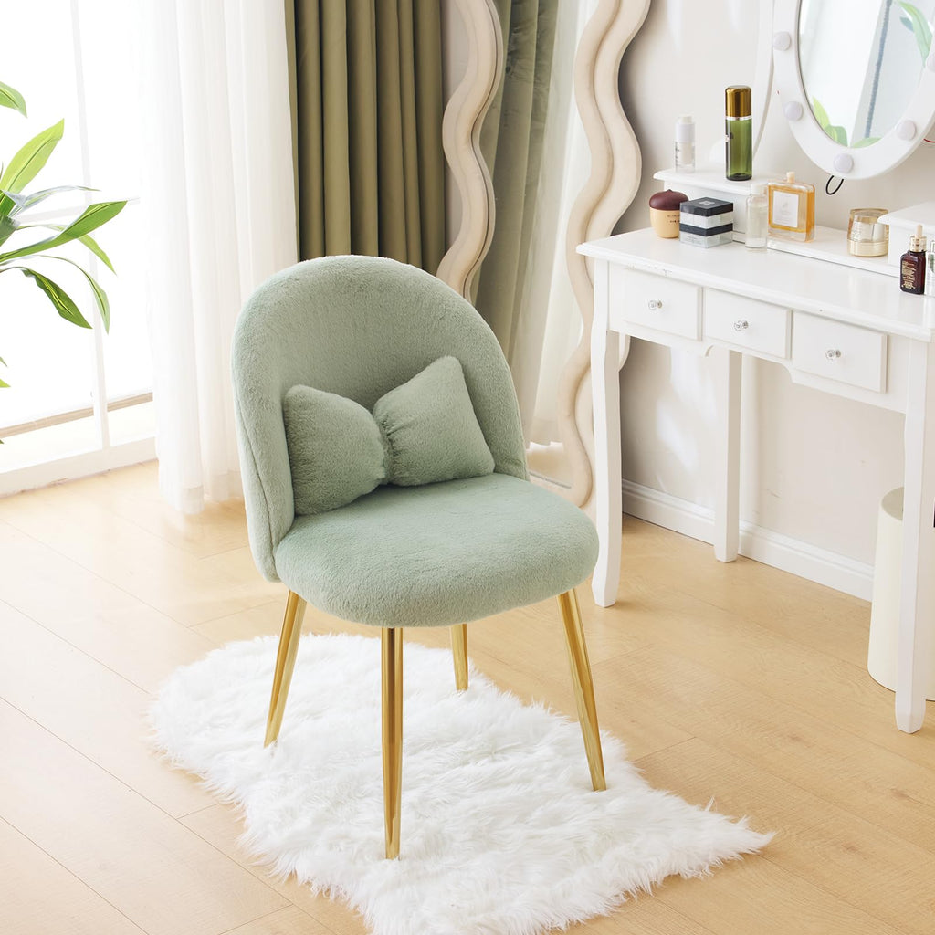 Cute, non-wheeled desk chair with backrest, fluffy cushion, cozy makeup chair with adjustable golden legs
