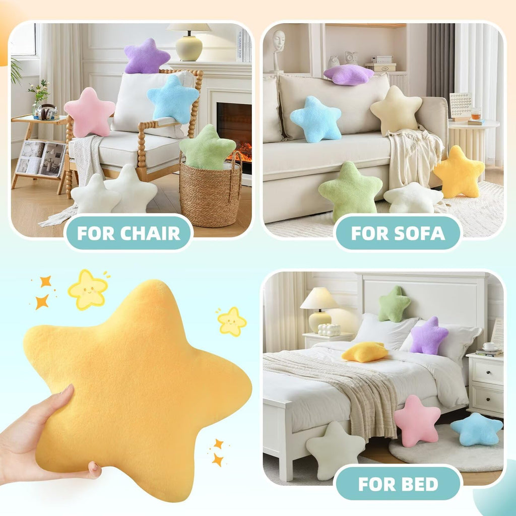 Star Pillow Plush Throw Cushion - Cute Aesthetic 3D Decorative Room Decor for Bedroom, Office, Sofa, Chair 2Pcs