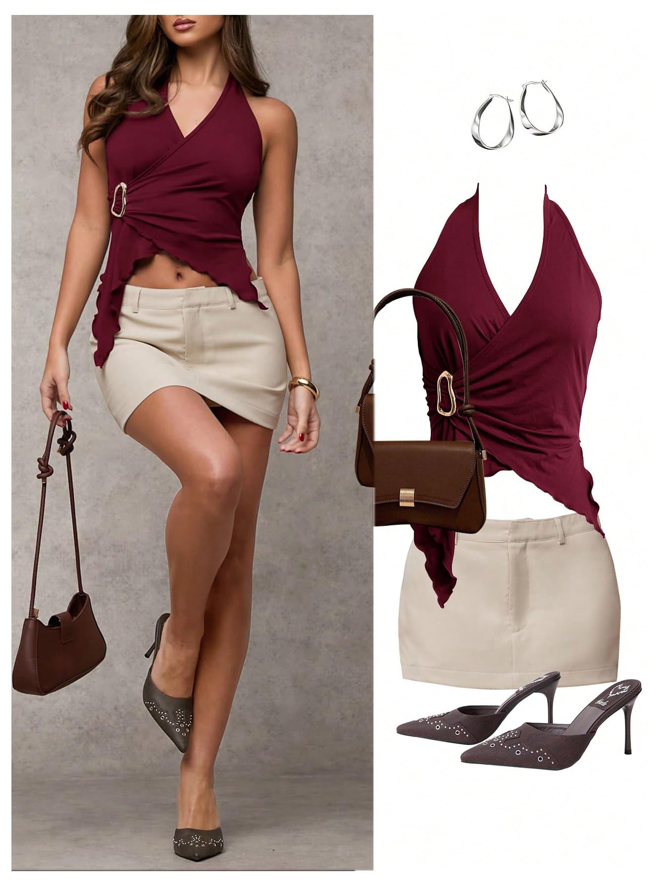 Women's Wrap V Neck Buckle Halter Top Ruched Asymmetrical Sleeveless Tops