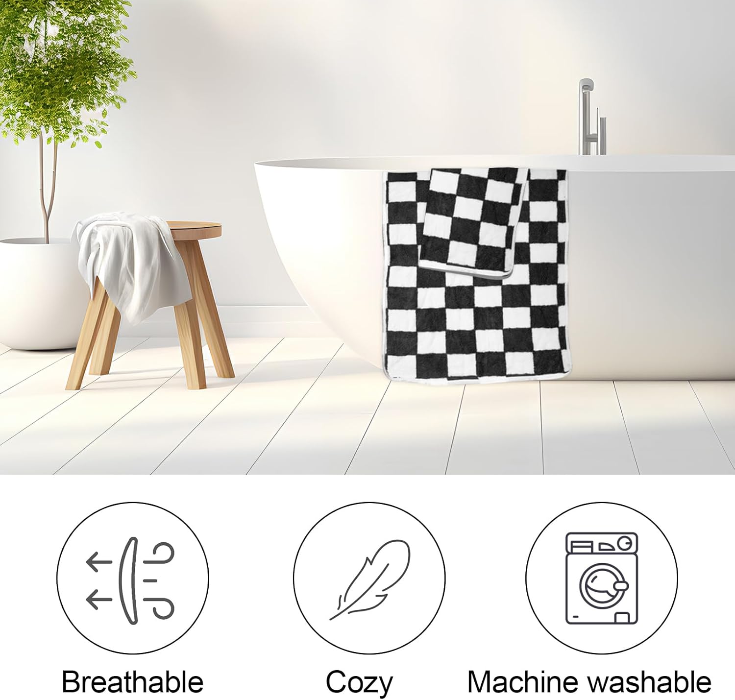 Checkered 10 Pcs Bath Towels Set Lightweight Soft Coral Fleece Flower Washcloth Quick Dry Bathroom Towel for Bathroom, Gym, Spa, Beach,(Black, Checkered)