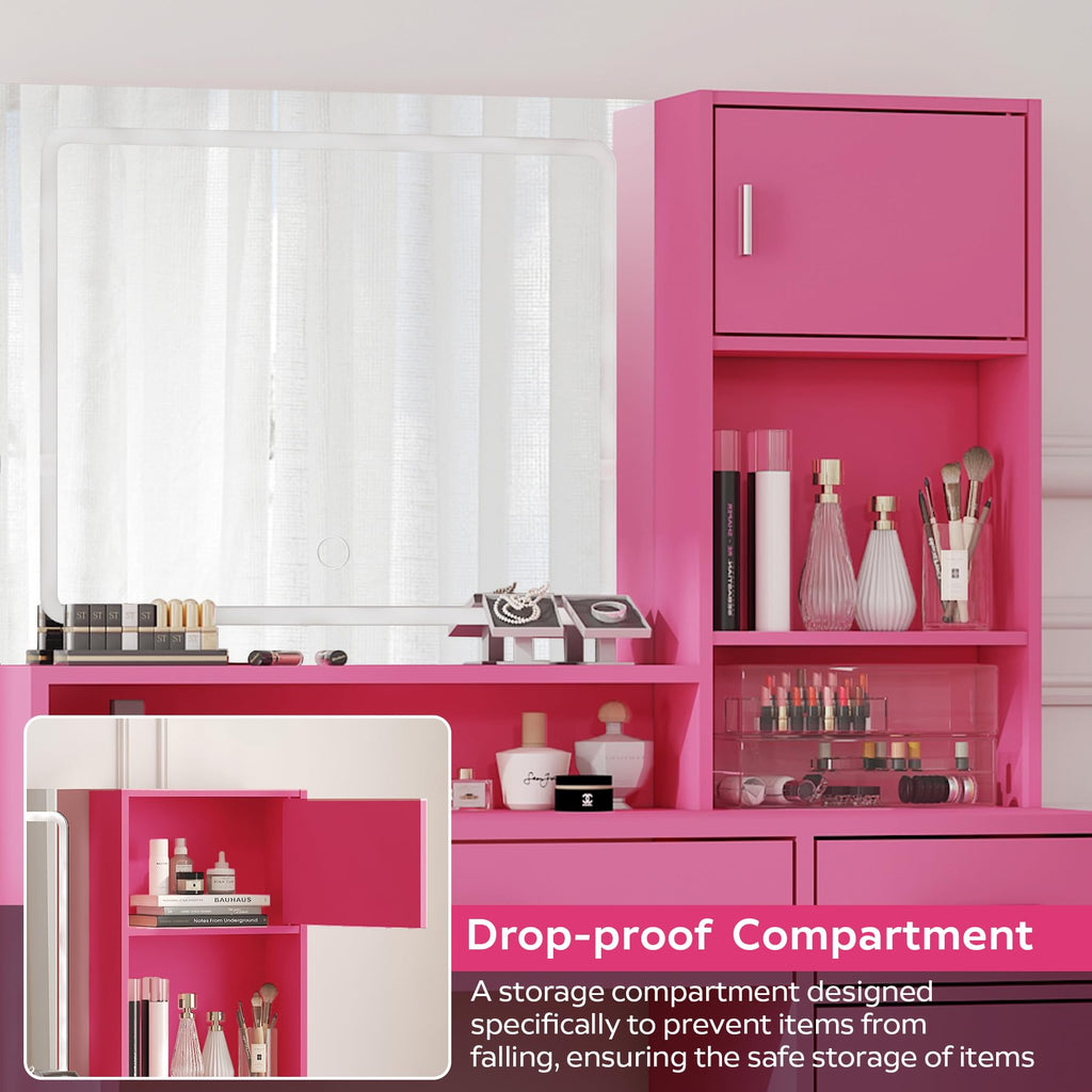 Vanity Desk with Mirror and LED Light Strip,Dressing Table with Large Drawer, 3 Level Storage Dresser & 3 Lighting Modes Adjustable Brightness