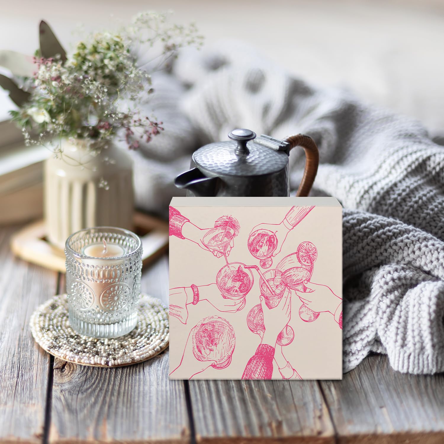 Coquette Pink Bow Champagne Wooden Box Sign, 5x5 Inch