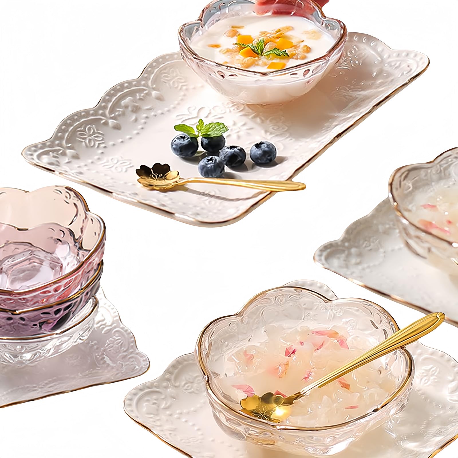 Gold Edged Glass Cutlery Set, Including Glass Bowl, Glass Plate And Spoon