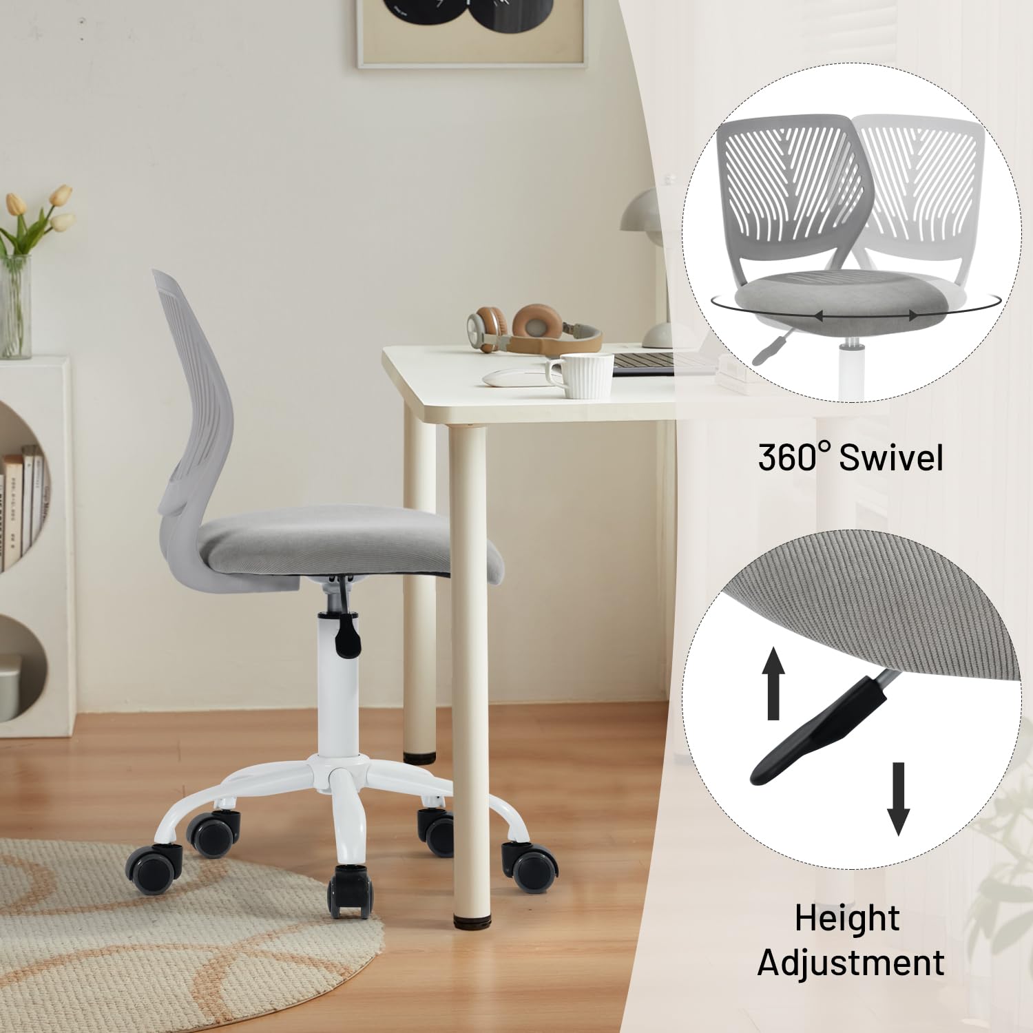 Study Desk Chair Armless Cute, Ergonomic Small Swivel Adjustable Rolling Lightweight Task Chair with Wheels and Mesh Padded Cushion
