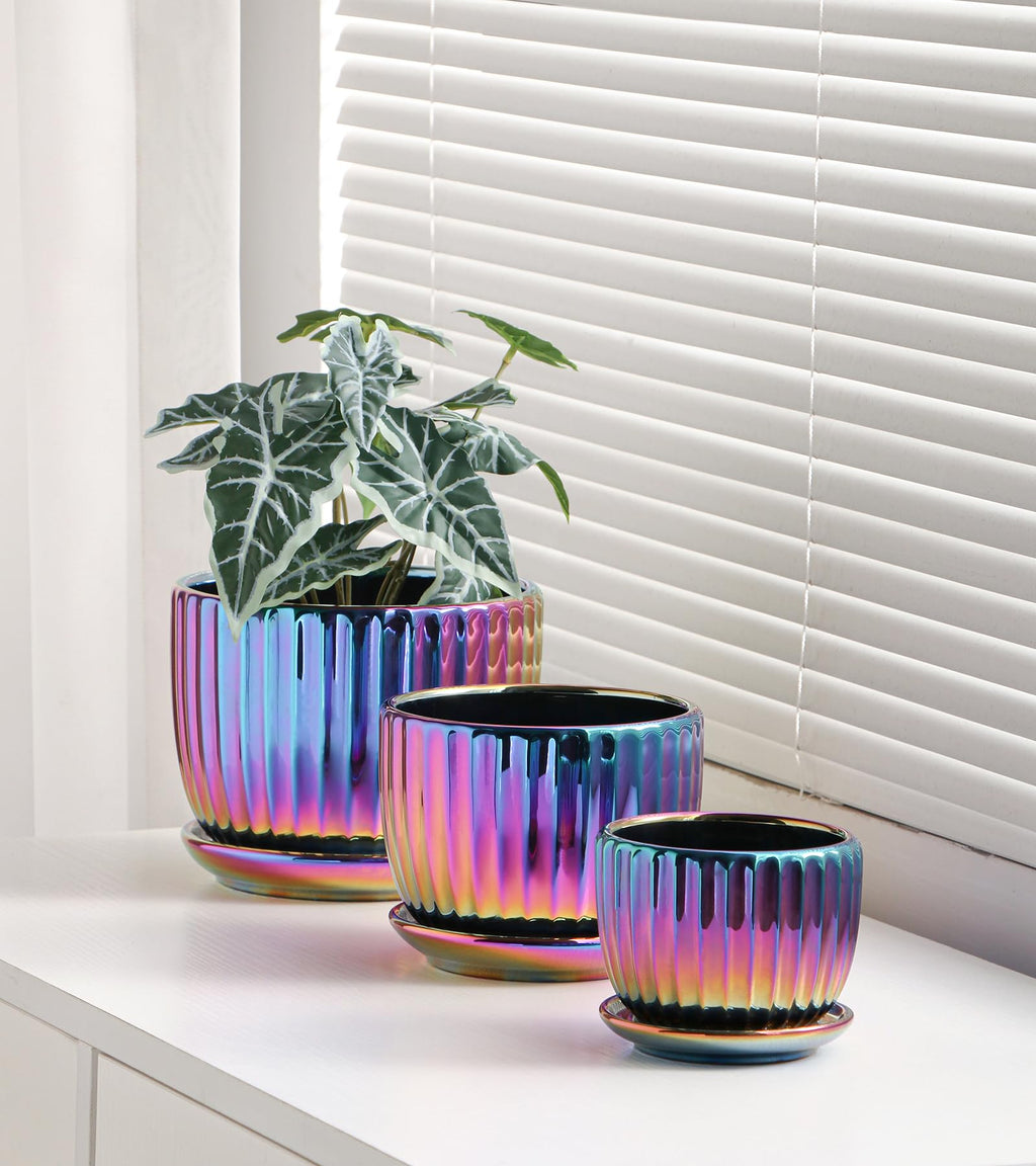 Ceramic Flower Pots, 4"+5"+6" Inch Small Glazed Succulent Planters with Drainage Hole, Modern Indoor Decorative Plant Pots Set of 3,Garden Pots with Saucer