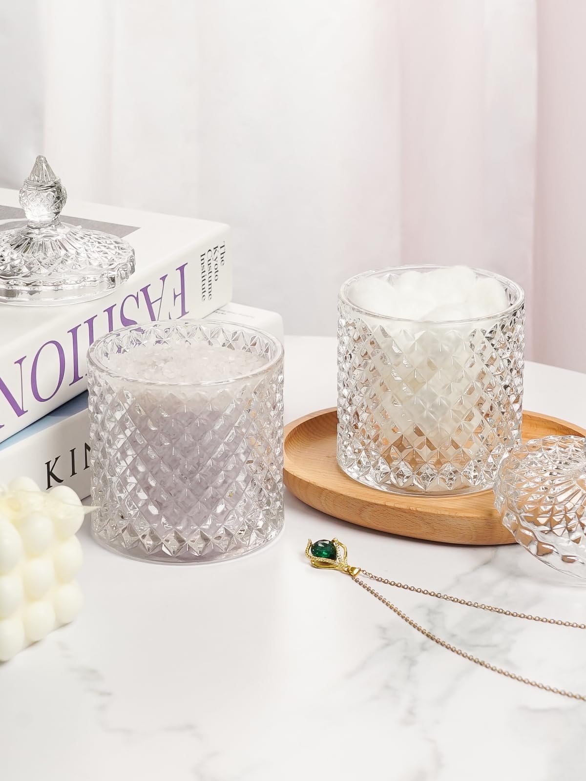 Cute Glass Apothecary Jars with Lid, Pink Cotton Ball Pad Round Container Holders and Vanity Canister Storage Jar for Makeup Sponges, Floss, Hair Accessories 2 Pack