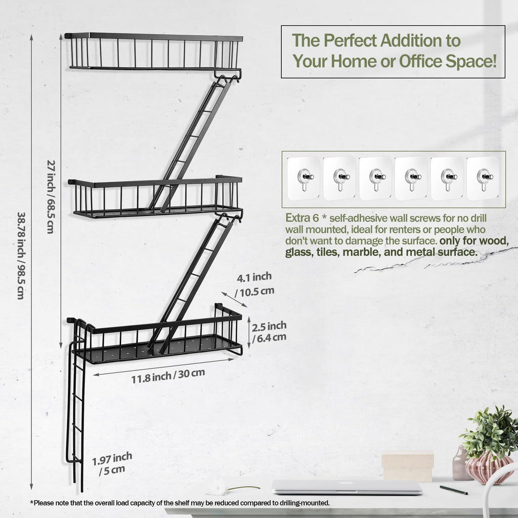 Fire Escape Shelf - Wall Decor Floating Shelves, Cute Metal Ladder Shelving for Bedroom, Home Decor Display (3-Tier)