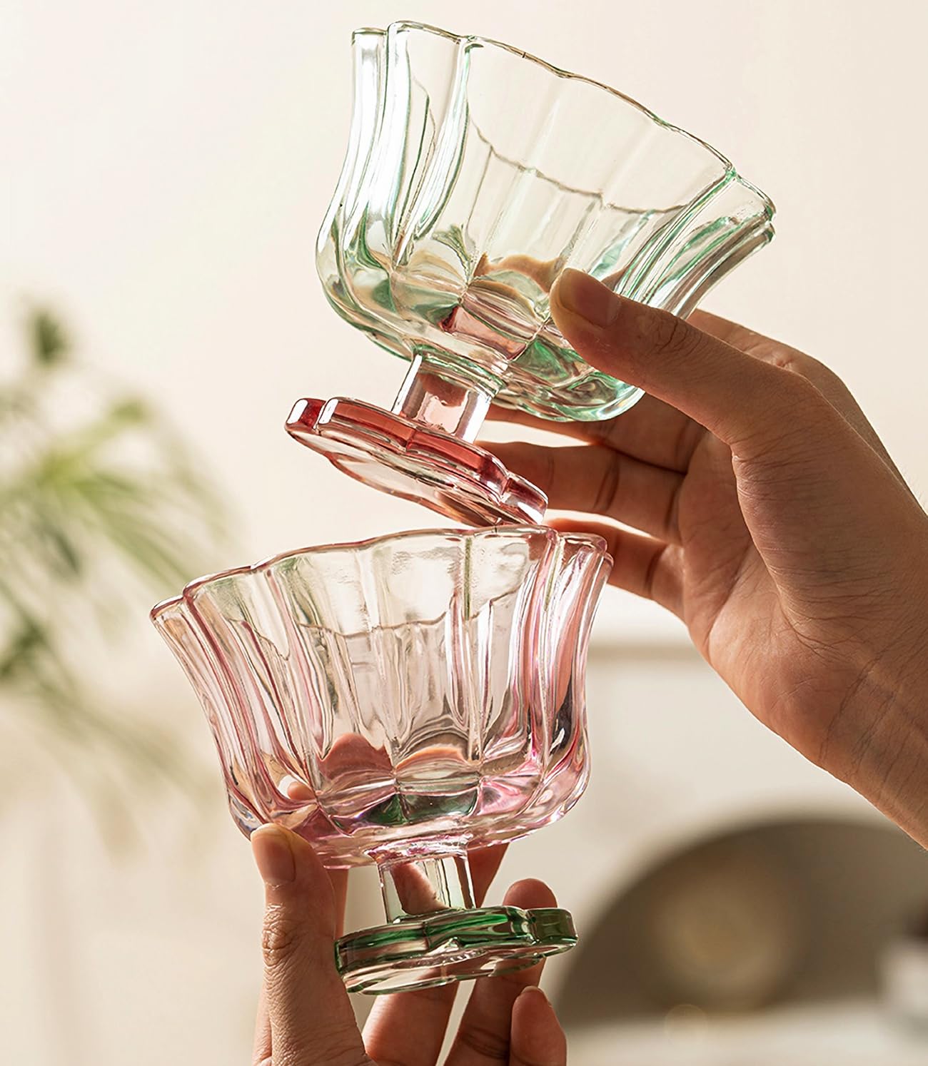 Flower Petal Style Glass Ripple Drinking Glasses Set of 2