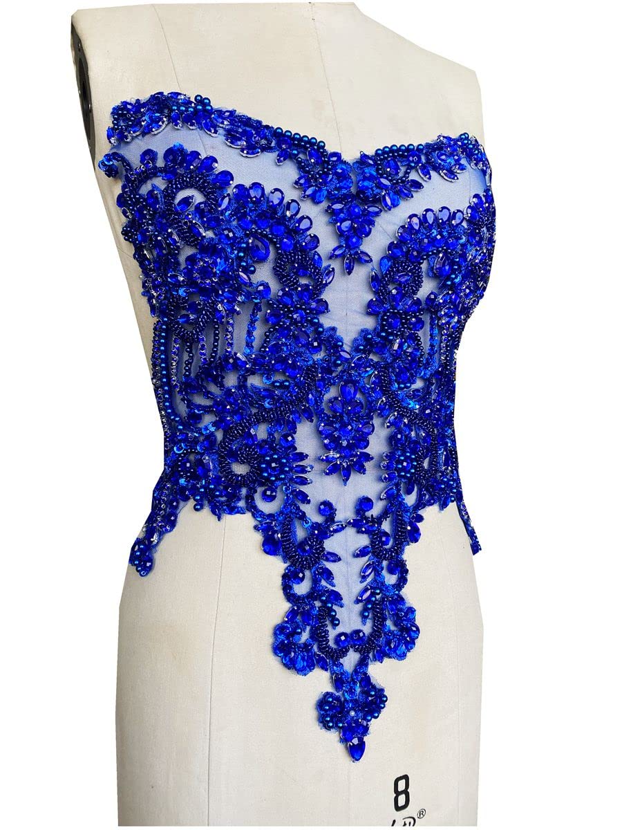 Handmade red/Blue/Gold/Green Rhinestones lace Bodice Applique Sewing Beads Crystal Trim Patches Accessory for Dress Clothes (Rose red)