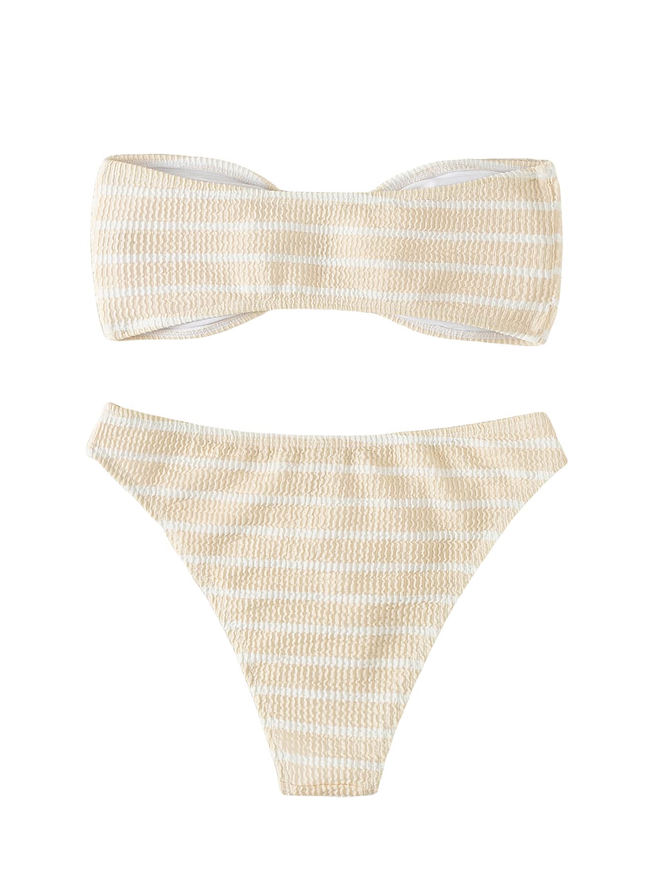 Women's 2 Piece Strapless Swimsuit Striped Bandeau High Waisted Thong Bikini Set Bathing Suit