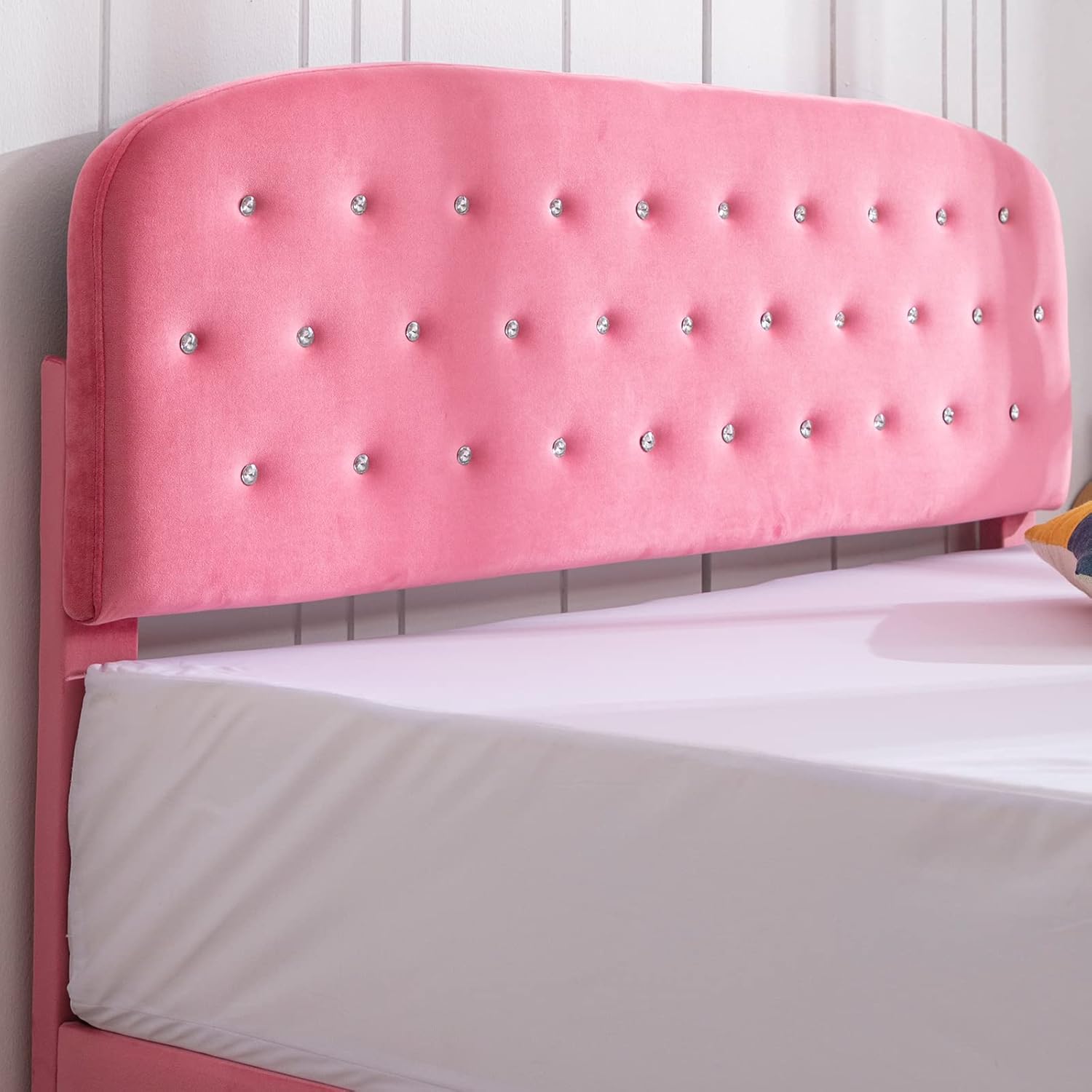 Full Size Bed Frame With Headboard, Velvet Upholstered Platform Bed With Slatted Bed Base, No Box Spring Ned, Pink Press