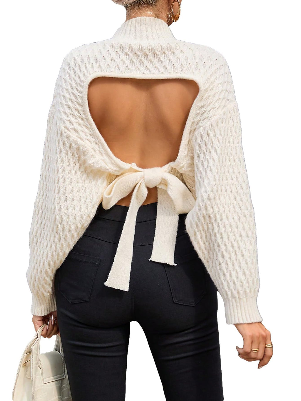 Women's Bow Open Back Sweater Top Trendy Long Sleeve Backless Drop Shoulder Mock Neck Cable Knit Sweaters