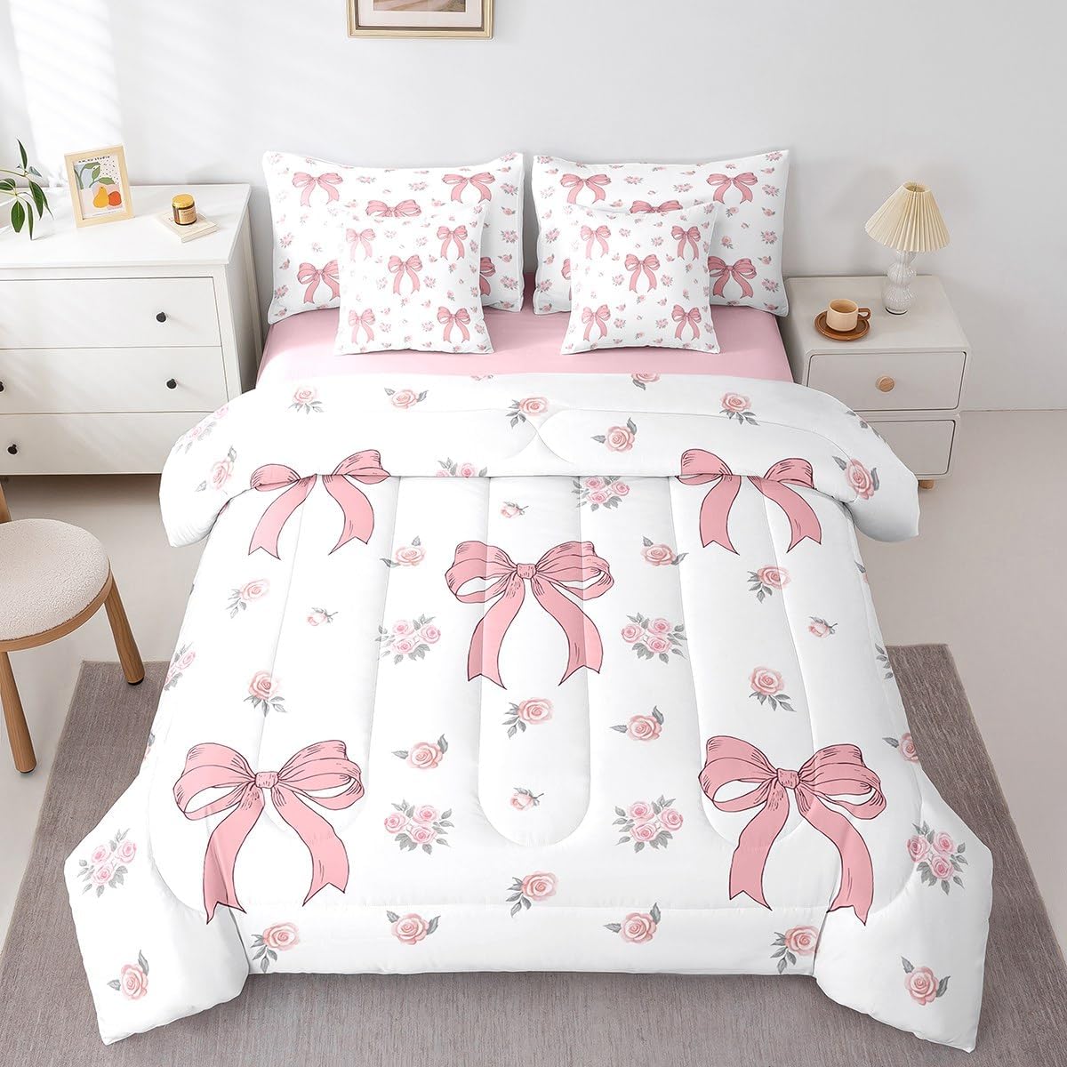 Princess Style Pink Bowknot Comforter Bedding Set, Bow Tie Pink White Dreamy Fairy Tale Bow (Comforter+Fitted+Flat Sheet+2 Pillowcases+2 Throw Pillow Covers) 7 Pieces Bed Set