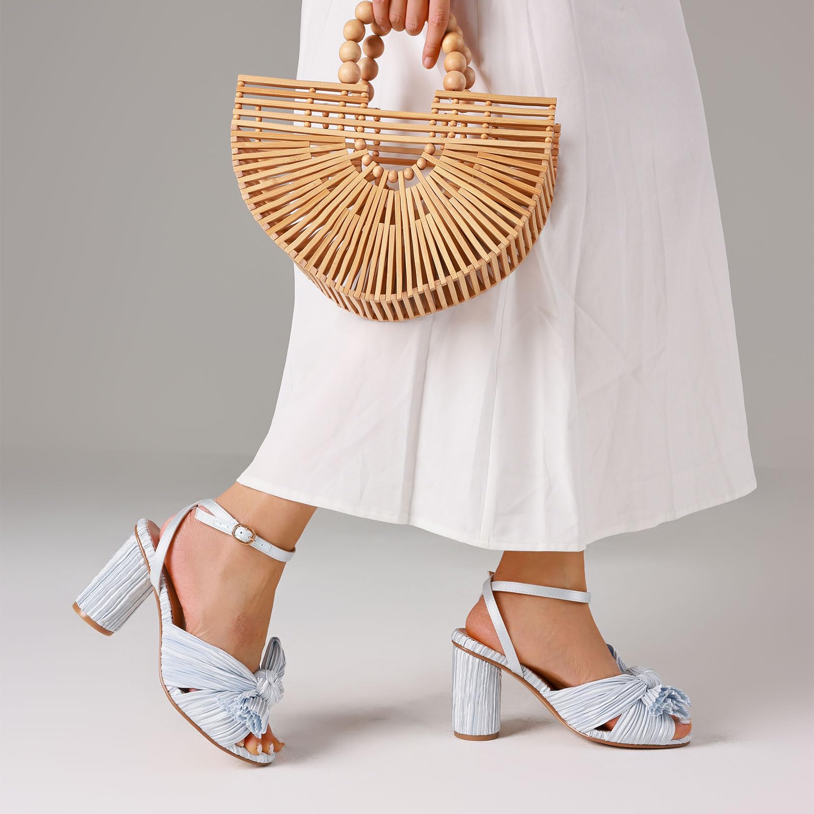 Women's High Block Chunky Heel Sandals Fashion Open Toe Ankle Buckle Strap Pleated Bow Heel