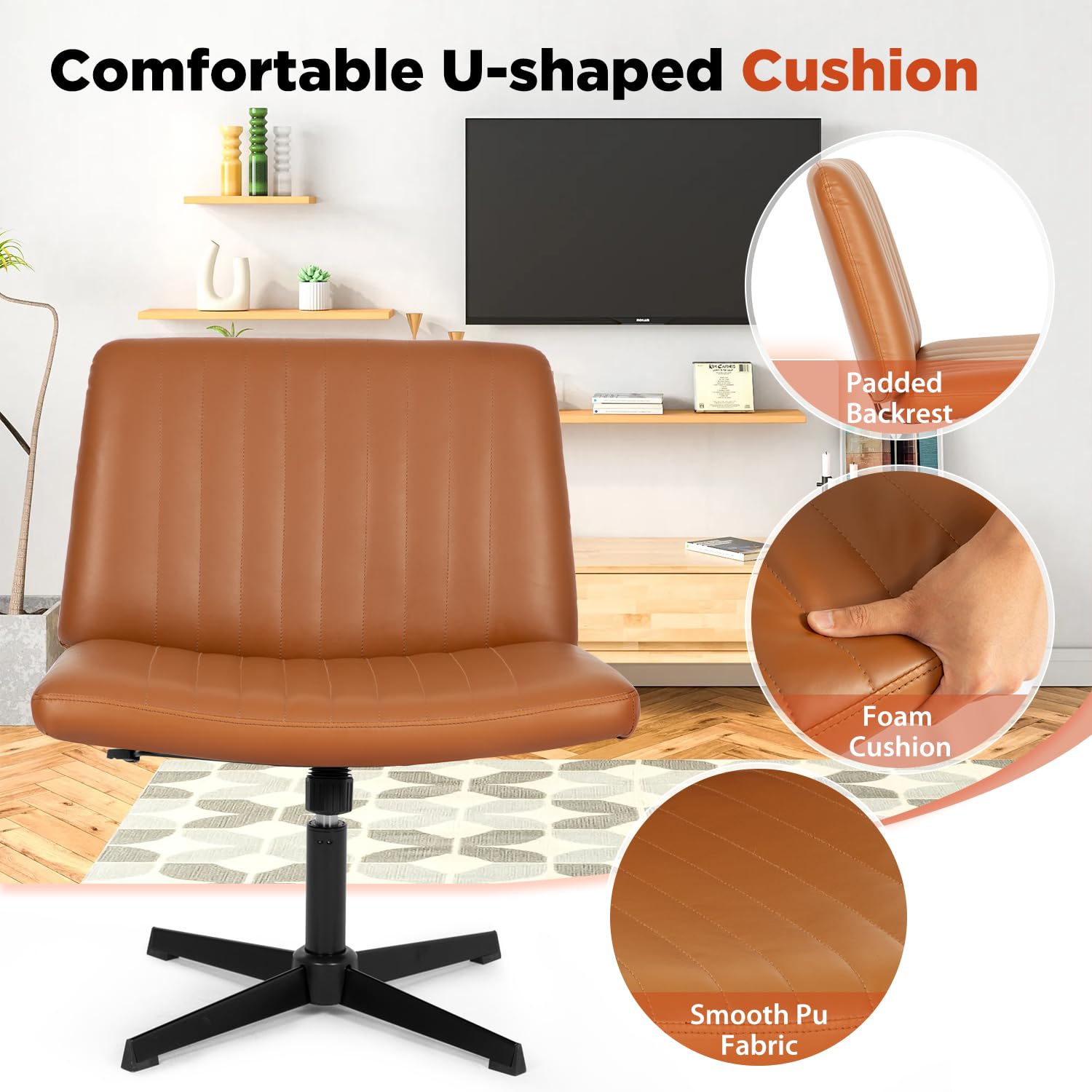 Criss Cross Chair, Armless Cross Legged Wide Comfty Desk Chair with No Wheels Modern Height Adjustable, Swivel Fabric Vanity Chair