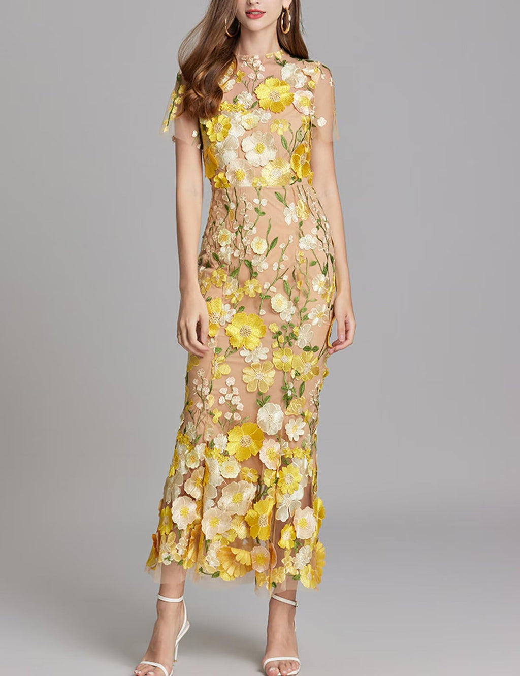 Women's 3D Floral Embroidery Dress Sheer Mesh Round Neck Lace Bodycon Party Cocktail Maxi Dress Short Sleeves