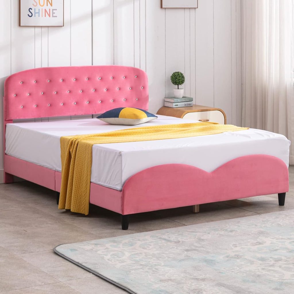 Full Size Bed Frame With Headboard, Velvet Upholstered Platform Bed With Slatted Bed Base, No Box Spring Ned, Pink Press