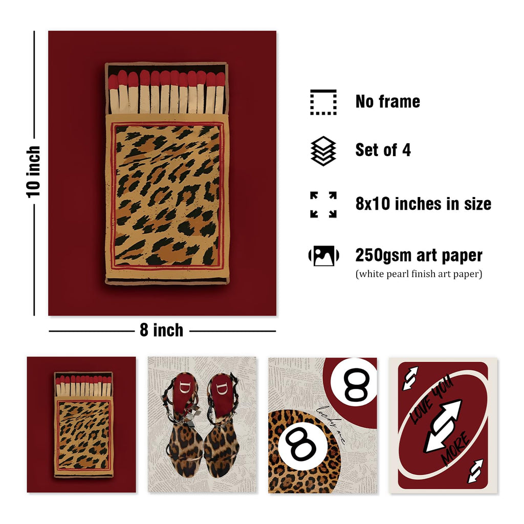 Trendy Leopard Wall Art Prints Set of 4 Funky Lucky 8 Ball Posters Prints Preppy Room Aesthetic Cheetah Wall Decor for Girls Room Dorm Apartment 8x10 Unframed