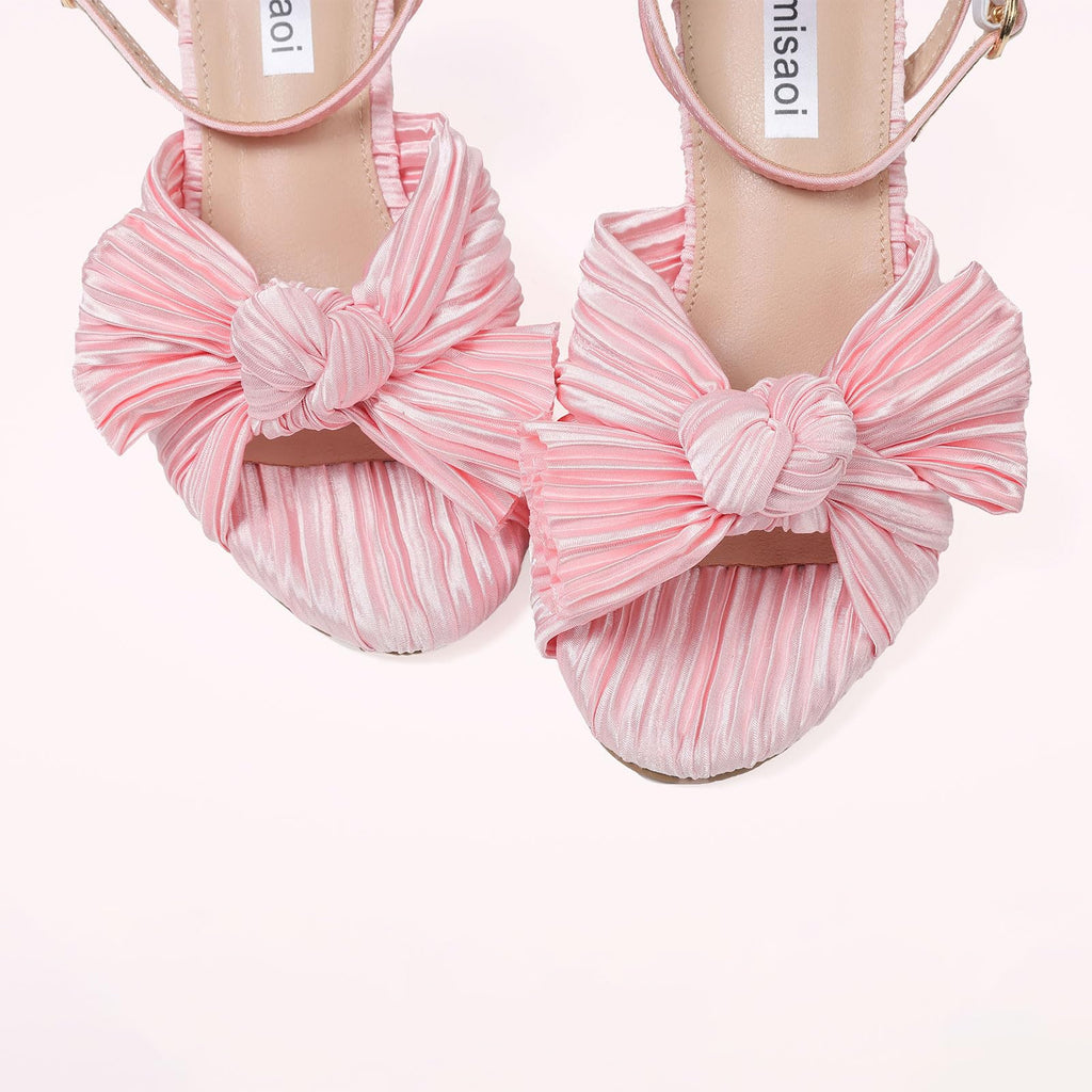 Women's High Block Chunky Heel Sandals Fashion Open Toe Ankle Buckle Strap Pleated Bow Heel