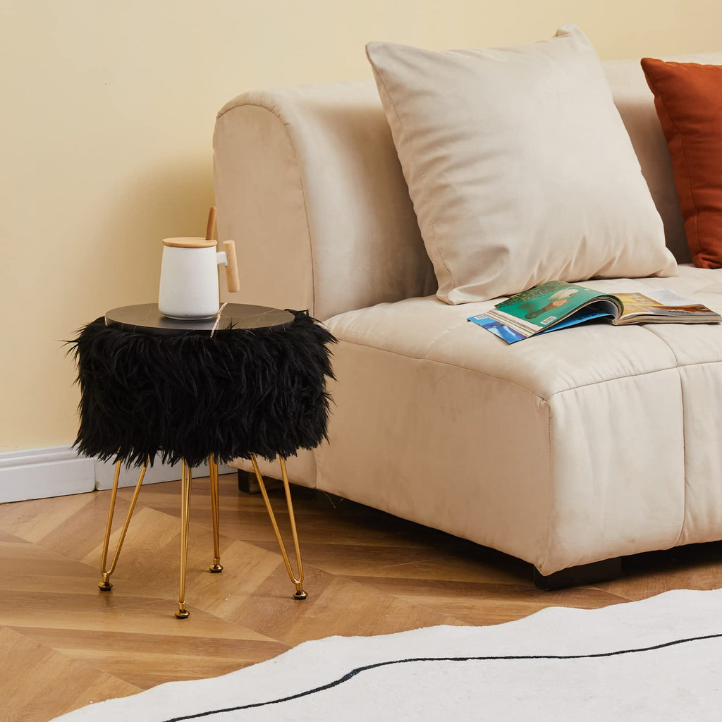 Faux Fur Storage Ottoman Round Furry Vanity Stool Marble Grain Tray Coffee Table Compact Footrest Stool with 4 Metal Legs Soft Makeup Seat Foot Stools for Living Room Bedroom Entryway