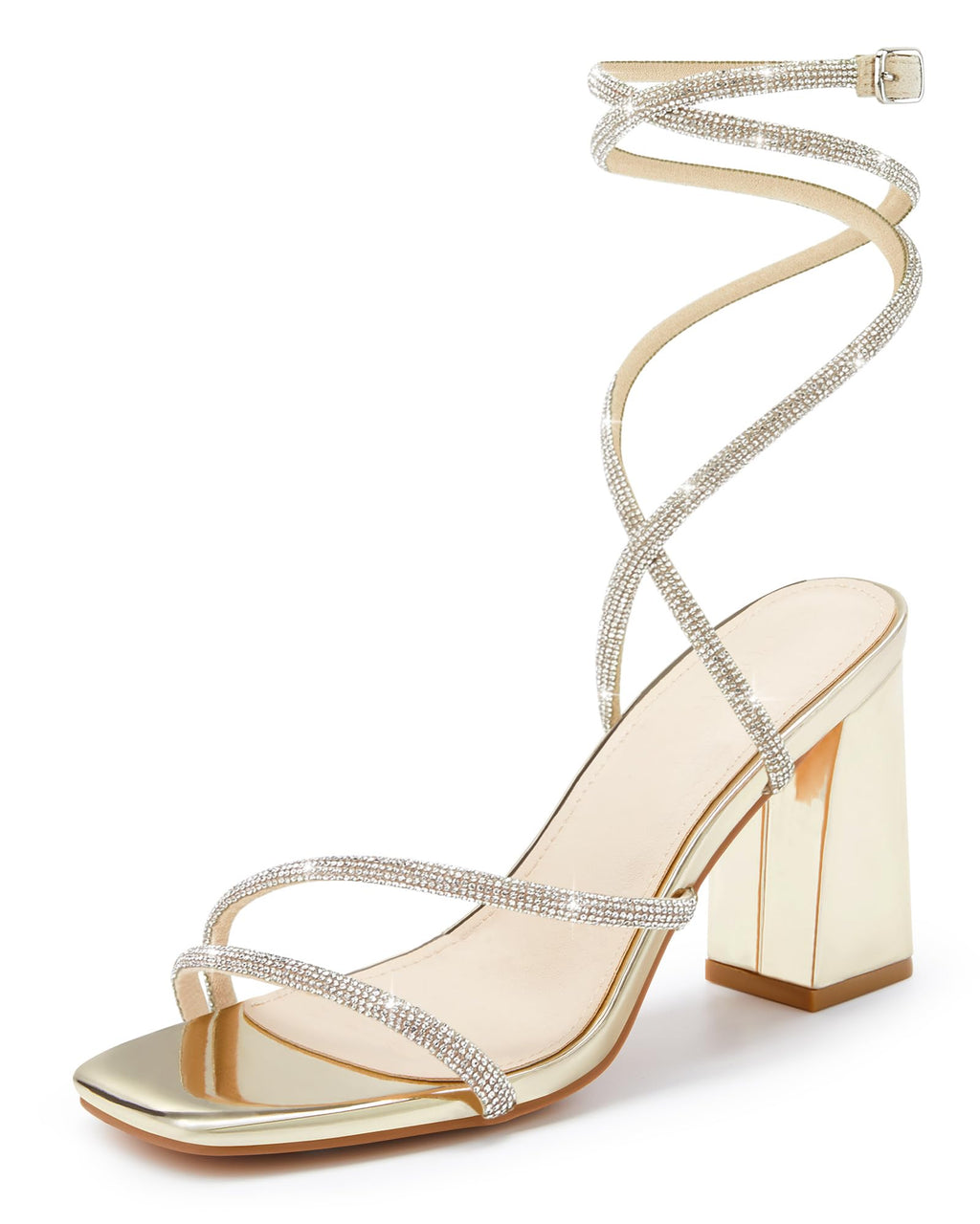 Womens Lace Up Chunky Heels Rhinestone Sandals Square Open Toe High Block Heeled