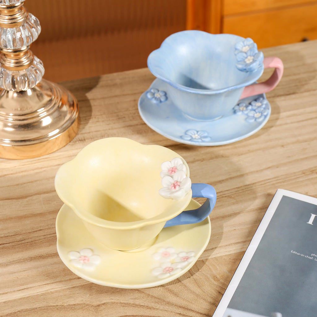 Floral Tea Cups and Saucers, Ceramic Cute Tea Cup for Tea Party