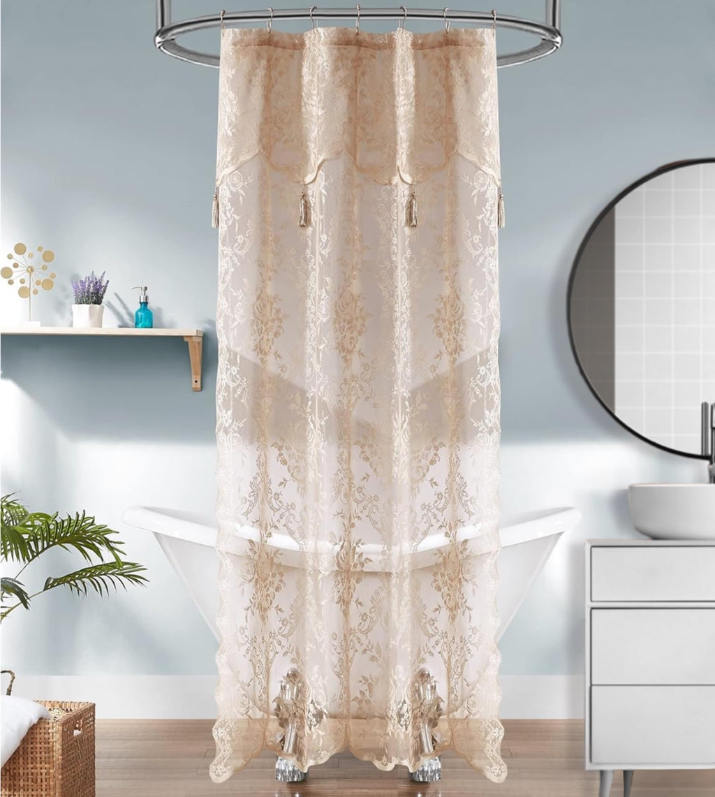 Luxury Lace Small Shower Curtain - Lace Shower Curtain with Attached Valance & Tassels