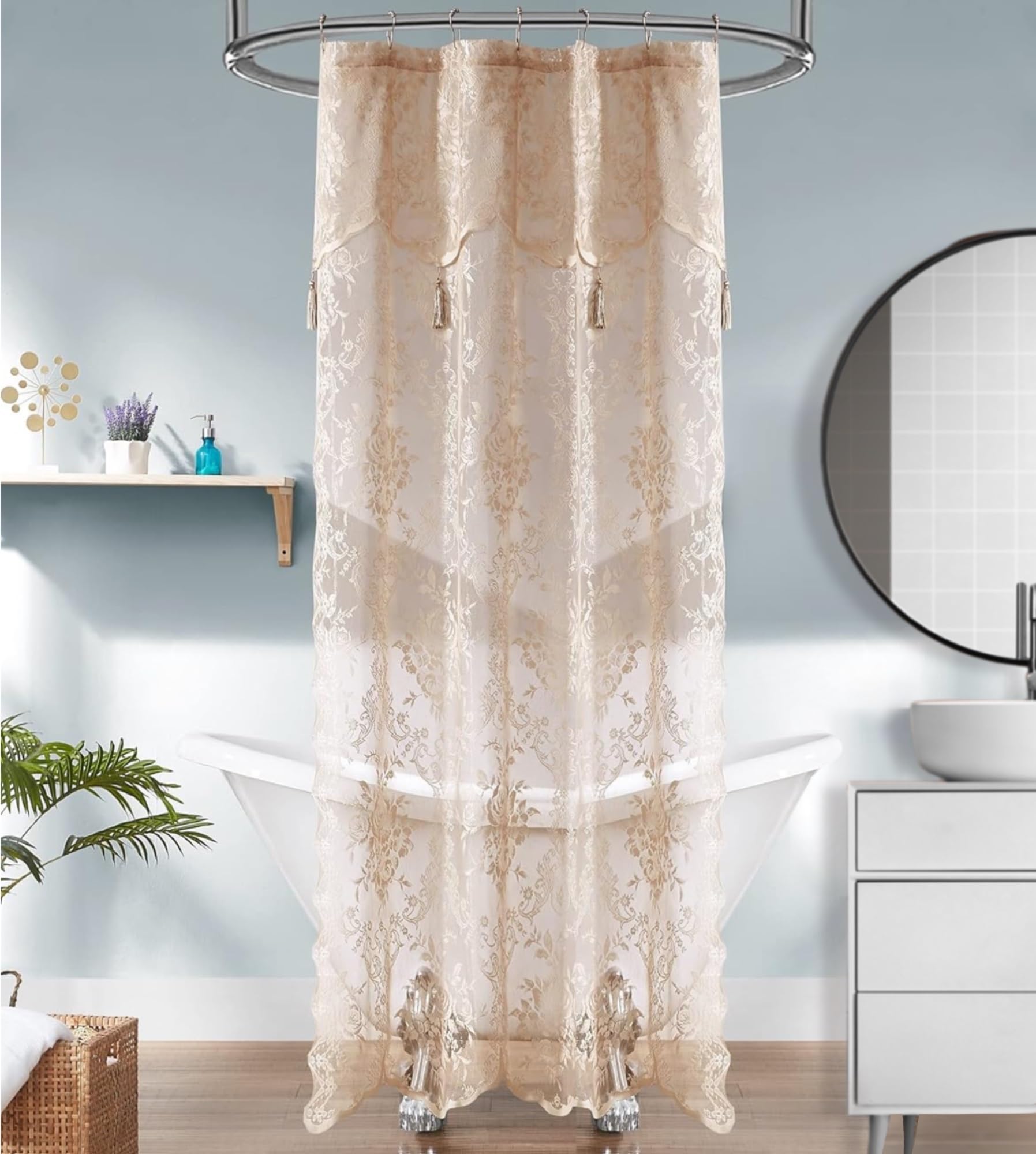 Luxury Lace Small Shower Curtain - Lace Shower Curtain with Attached Valance & Tassels