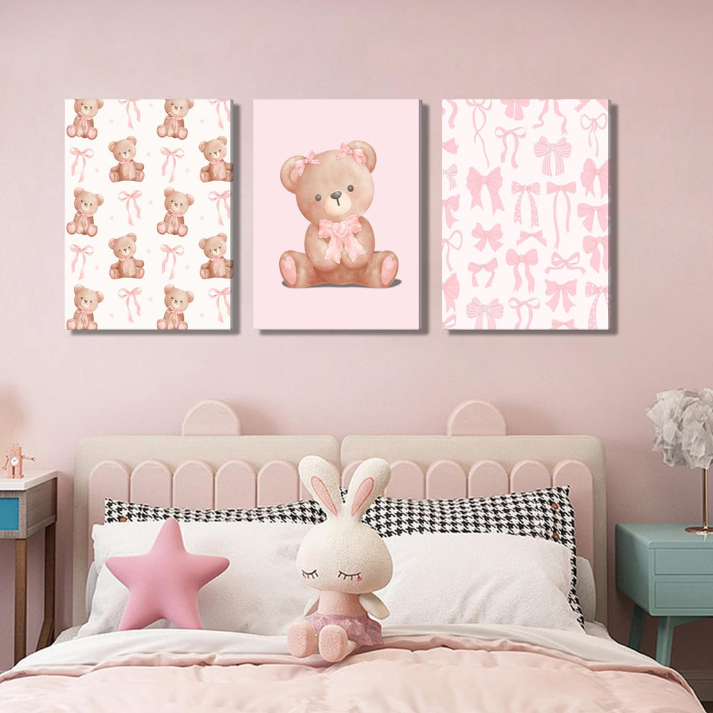 Pink Teddy Bear Wall Art Coquette Bow Wall Decor Pictures Cute Animal Nursery Canvas Posters Prints 3Pcs