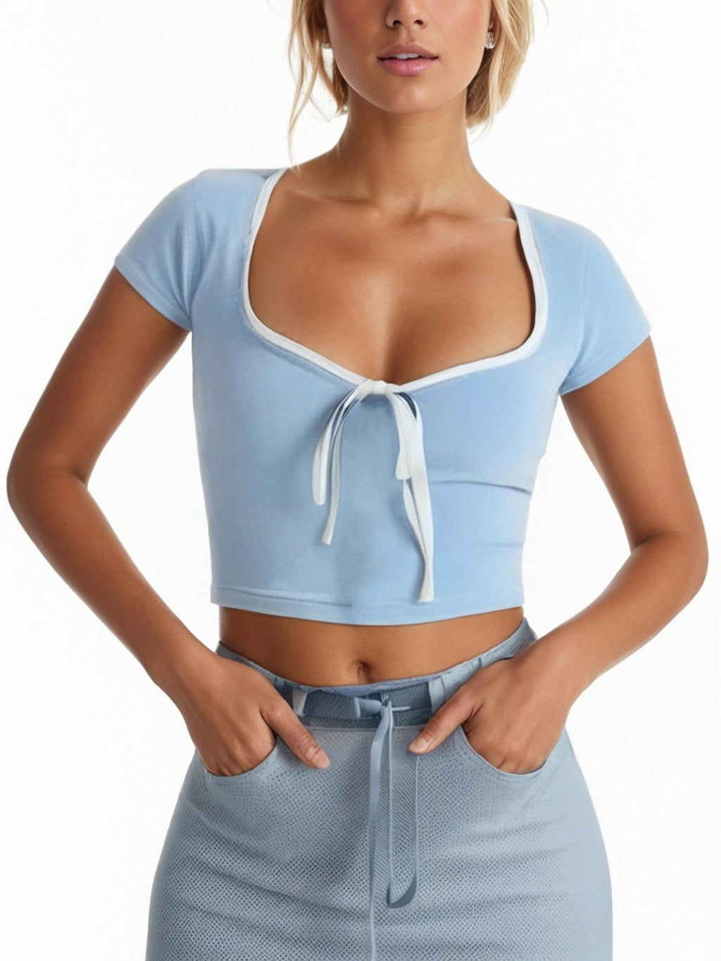 Womens Summer Short Sleeve Bow Square Neck Baby Tees Color Block Basic Crop Tops