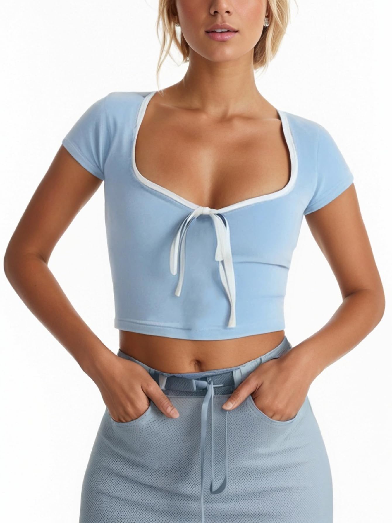 Womens Summer Short Sleeve Bow Square Neck Baby Tees Color Block Basic Crop Tops