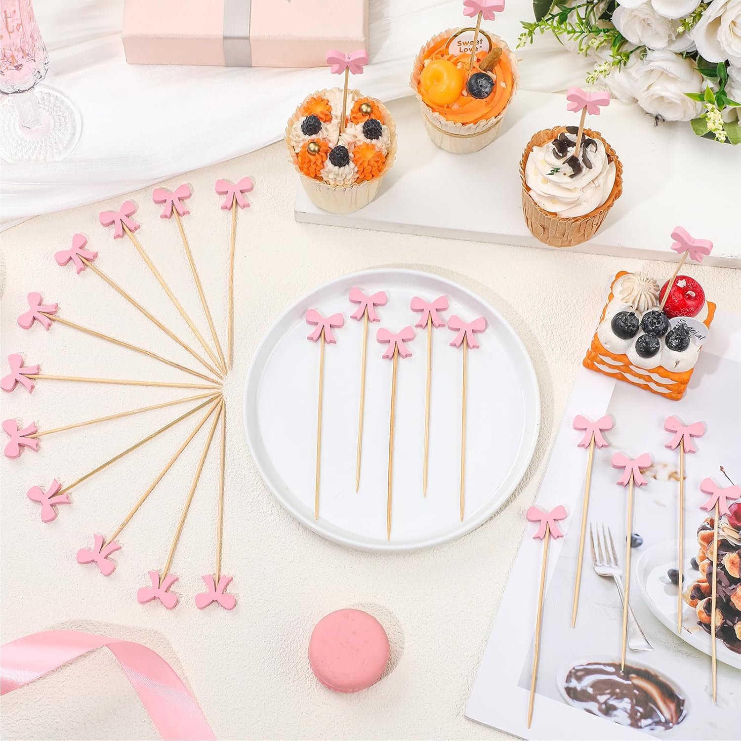 Pink Bow Cocktail Picks Swizzle Stick Toothpicks 4.72 Inch
