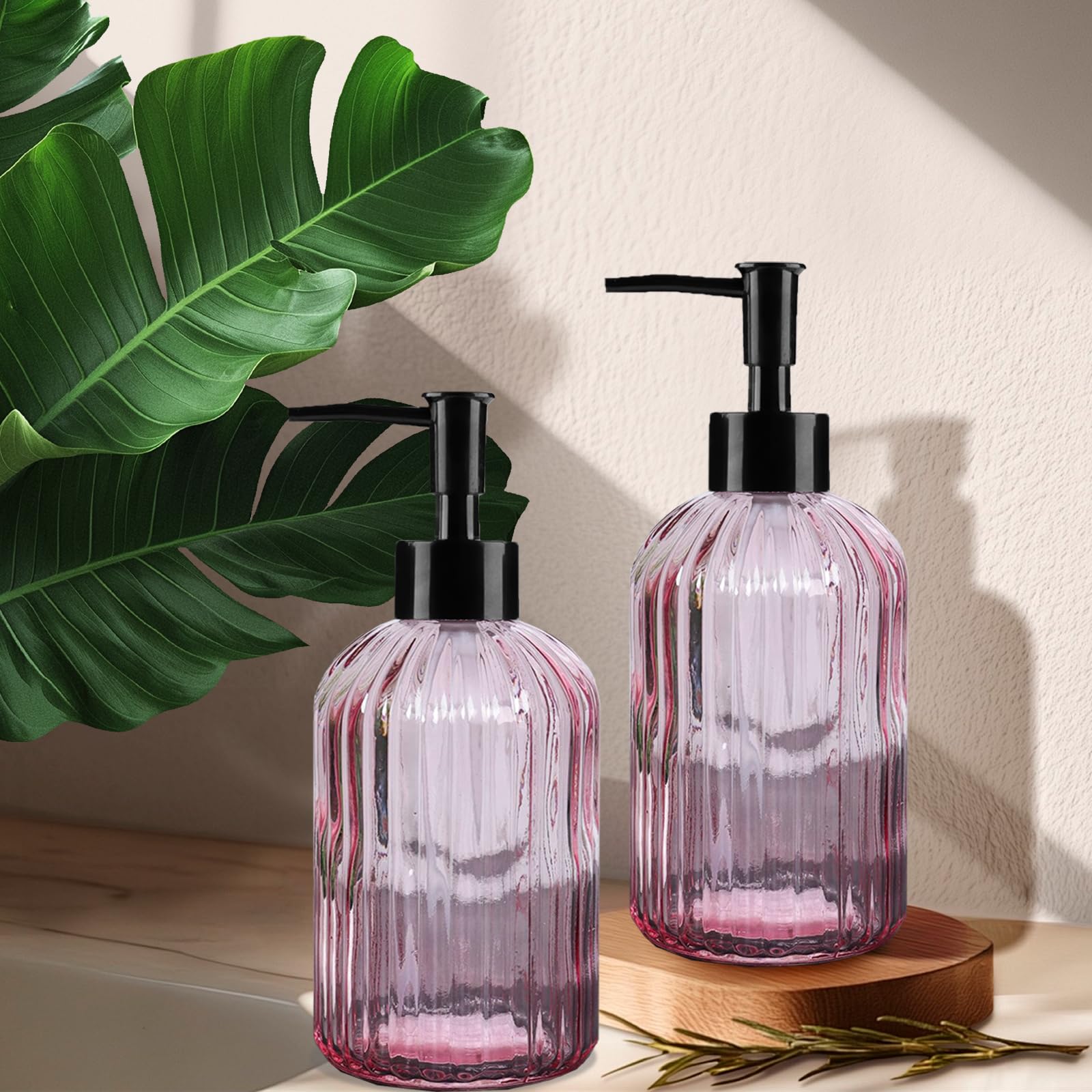 Pink Clear Glass Soap Dispenser 13 Oz/400ml, Striped Transparent Liquid Hand Soap Dispenser for Kitchen & Bathroom