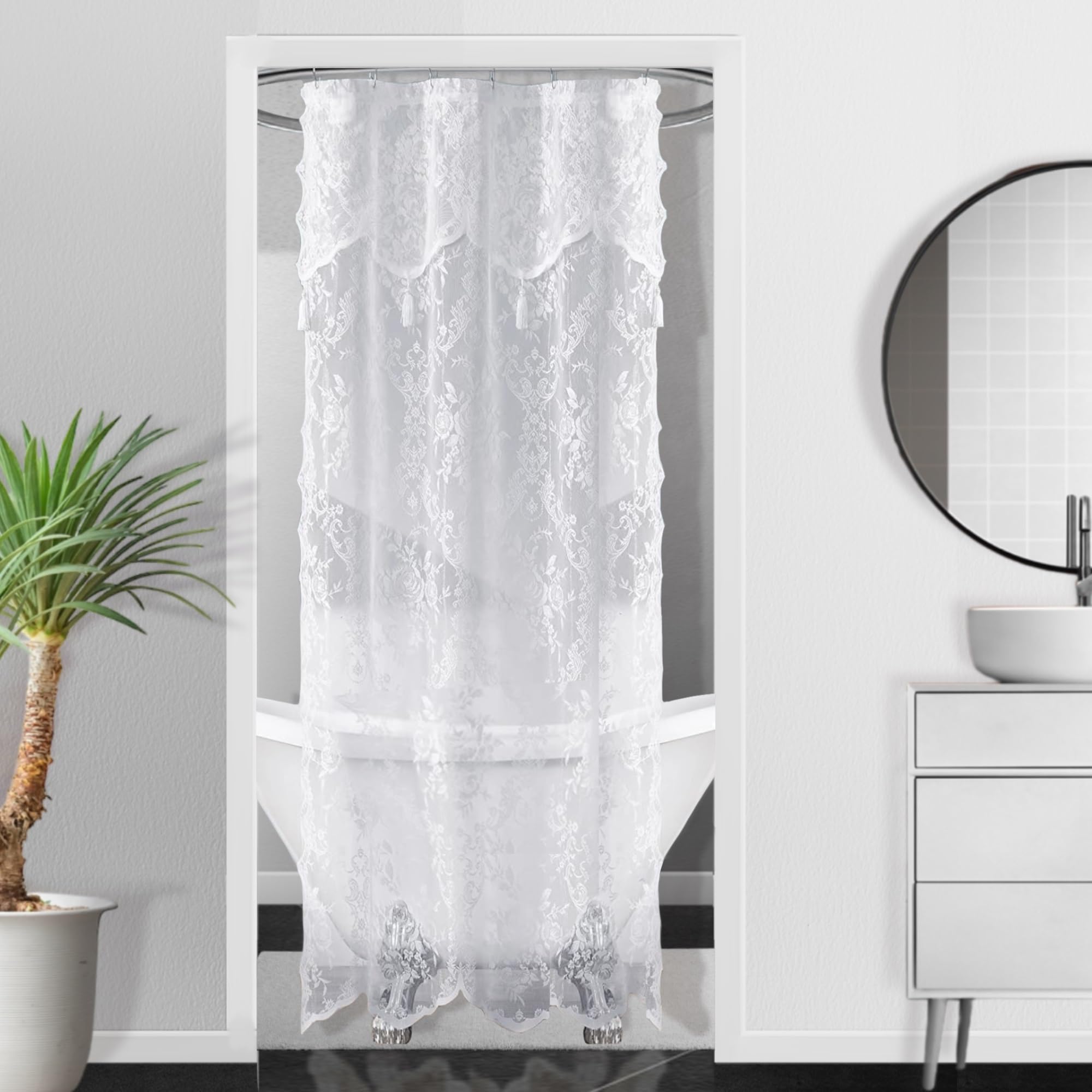 Luxury Lace Small Shower Curtain - Lace Shower Curtain with Attached Valance & Tassels