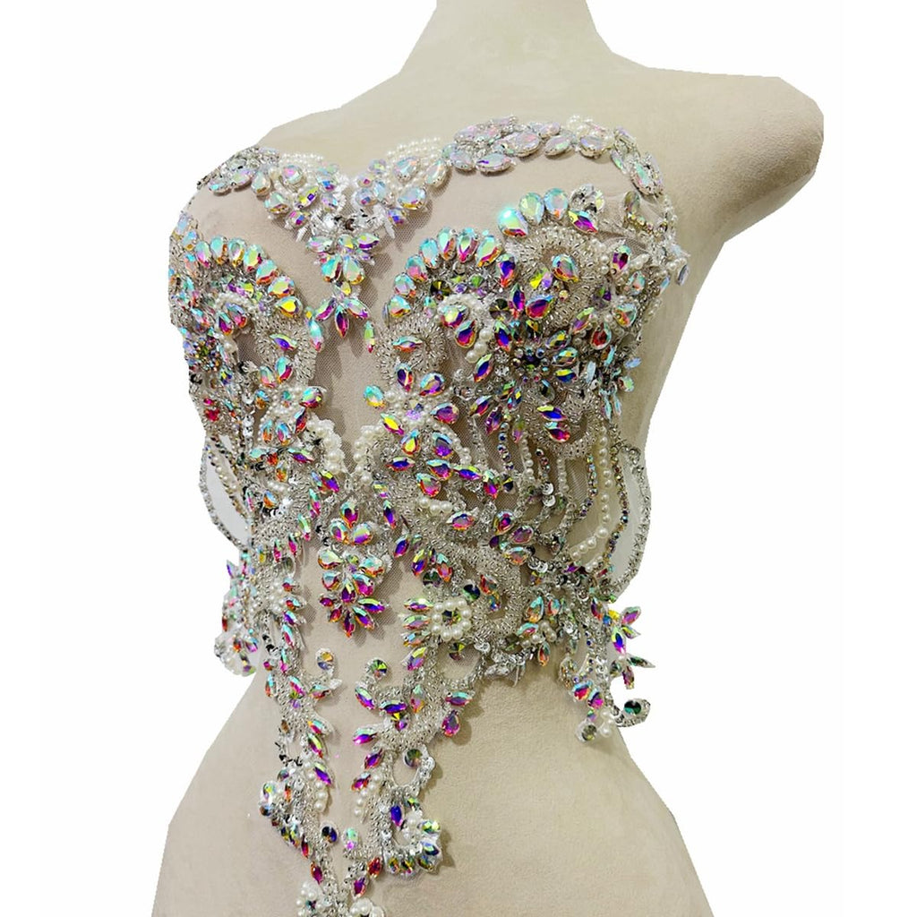 Handmade red/Blue/Gold/Green Rhinestones lace Bodice Applique Sewing Beads Crystal Trim Patches Accessory for Dress Clothes (Rose red)