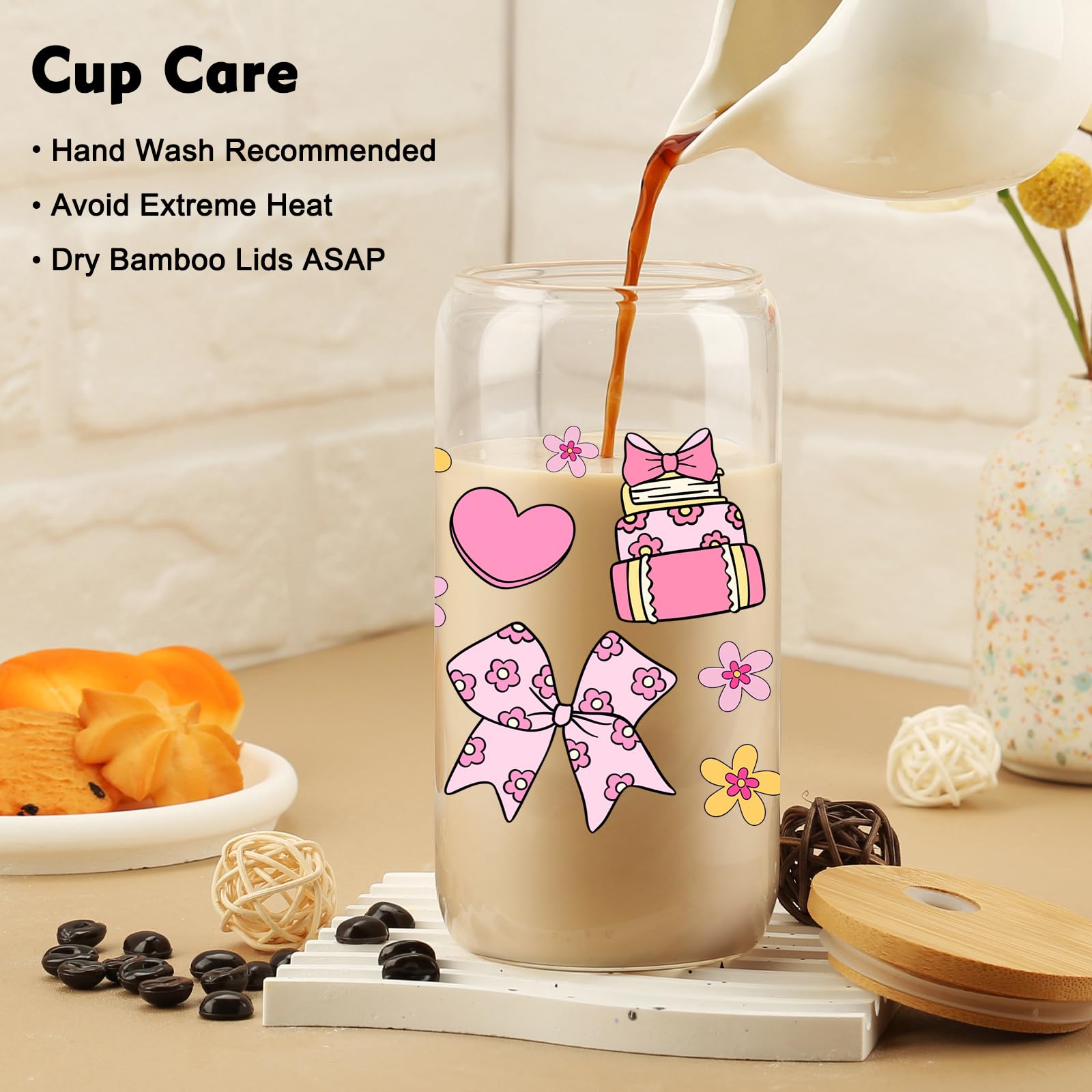 Cherry Bow Cup, Birthday Gifts for Women, Girly Gifts for Her, Sister, Mom, Colleague - 16 OZ Glass Tumbler with Straw & Lid, Coquette Iced Cup