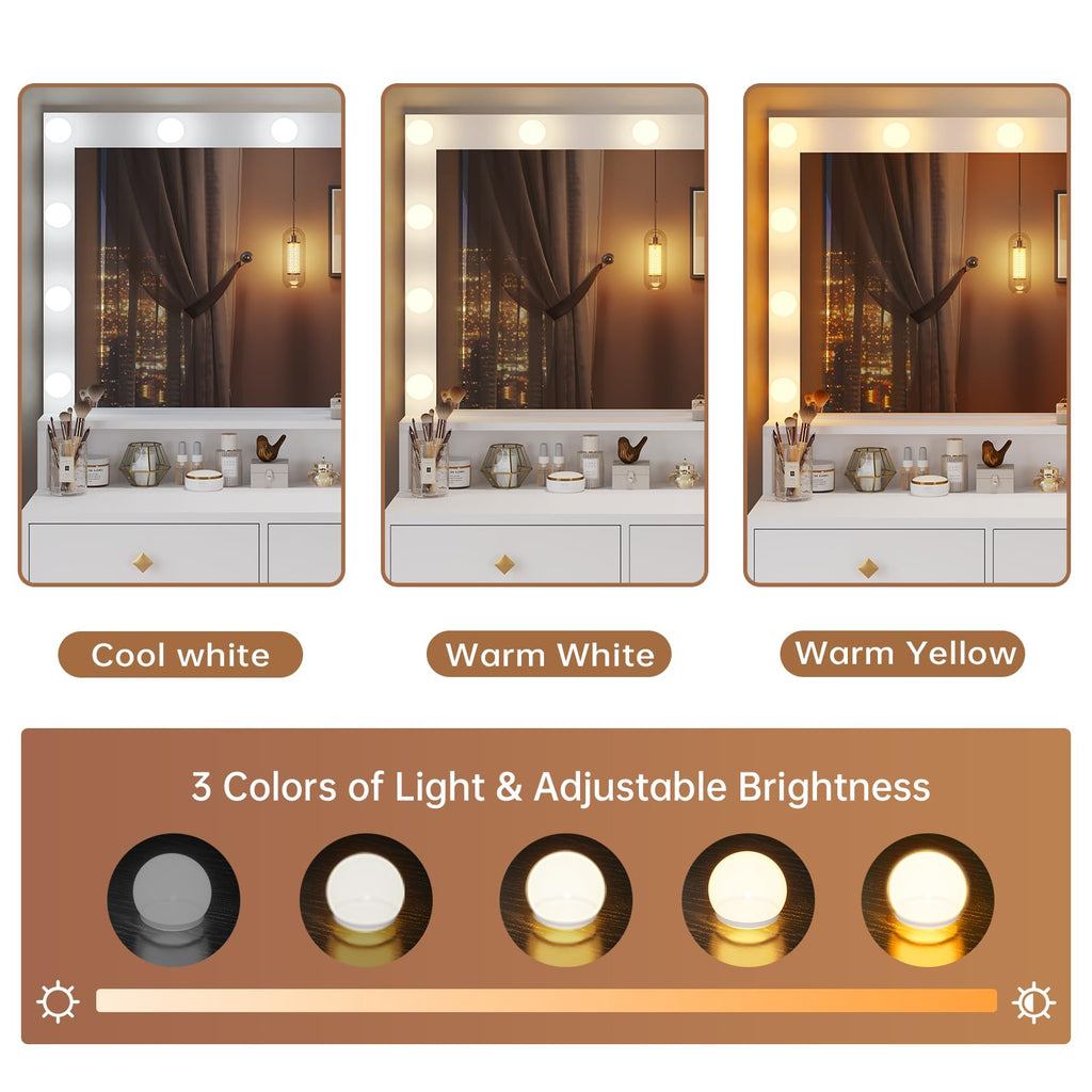 Vanity Desk with Mirror and Lights & Charging Station, White Vanity Table with 5 Storage Drawer & Glass Door & 3 Shelves