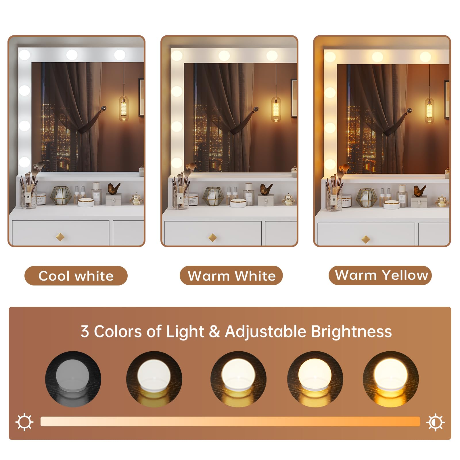 Vanity Desk with Mirror and Lights & Charging Station, White Vanity Table with 5 Storage Drawer & Glass Door & 3 Shelves