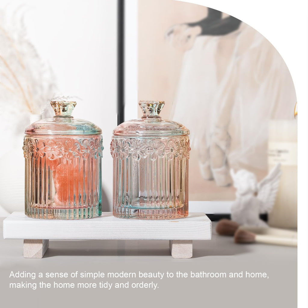 Qtip Holder Glass Apothecary Jars with Lids Set Bathroom Canisters Dispenser Organizers and Storage for Cotton Swabs, Balls, Pads, Floss Picks, Candy 2 Pack