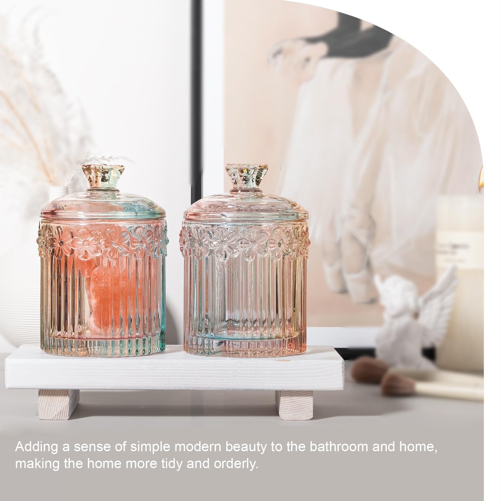 Qtip Holder Glass Apothecary Jars with Lids Set Bathroom Canisters Dispenser Organizers and Storage for Cotton Swabs, Balls, Pads, Floss Picks, Candy 2 Pack