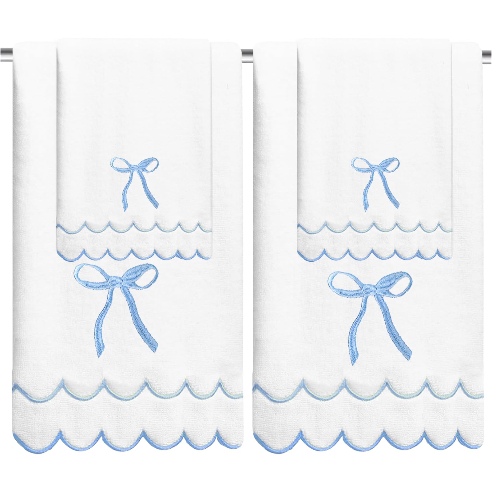 Cute 4 Set Coquette Bow Bath Towels Set 2 Bath Towels 2 Hand Towels Soft Embroidered Preppy Decorative Scalloped Towels for Bathroom