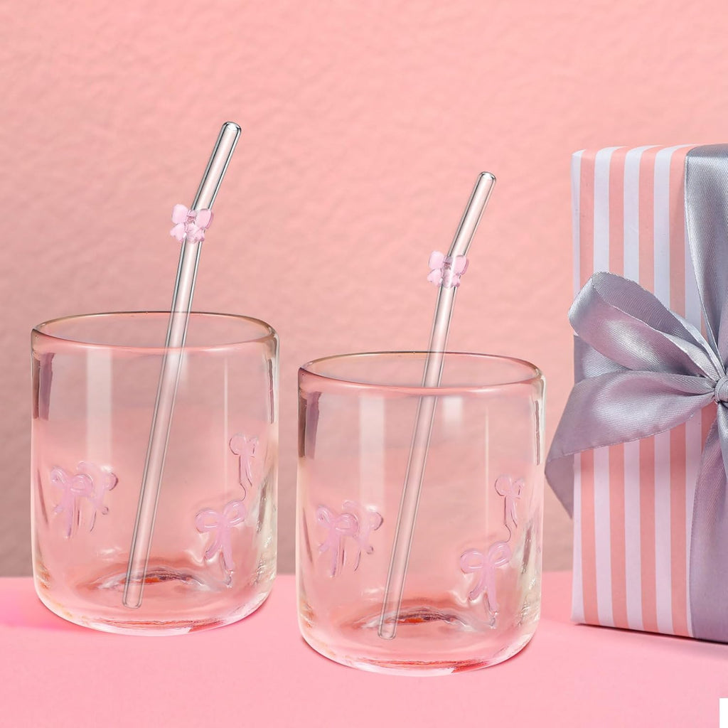 Coquette Pink Bow Aesthetic Cup Bow Icon Juice Glass With Glass Straw with Pink Bow - 14 ounce