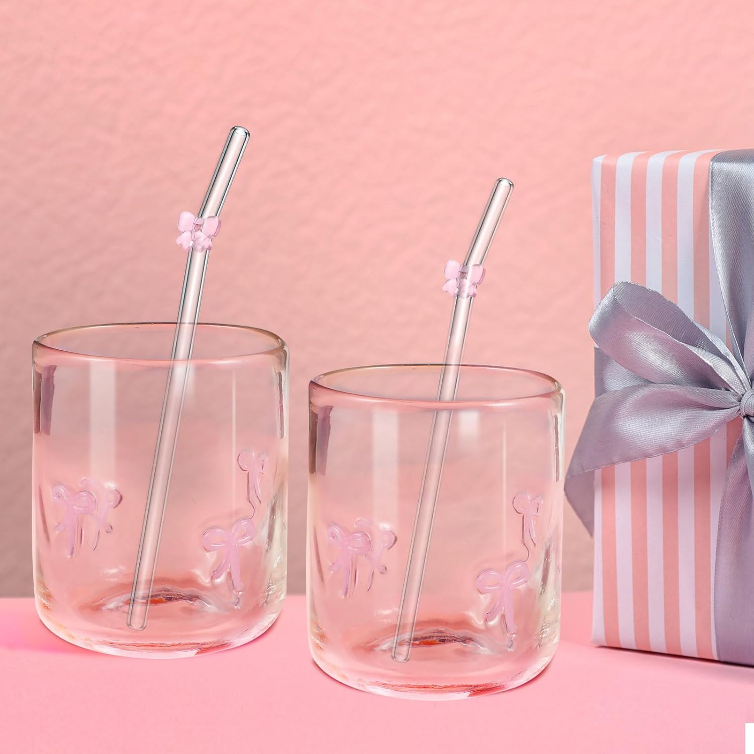 Coquette Pink Bow Aesthetic Cup Bow Icon Juice Glass With Glass Straw with Pink Bow - 14 ounce