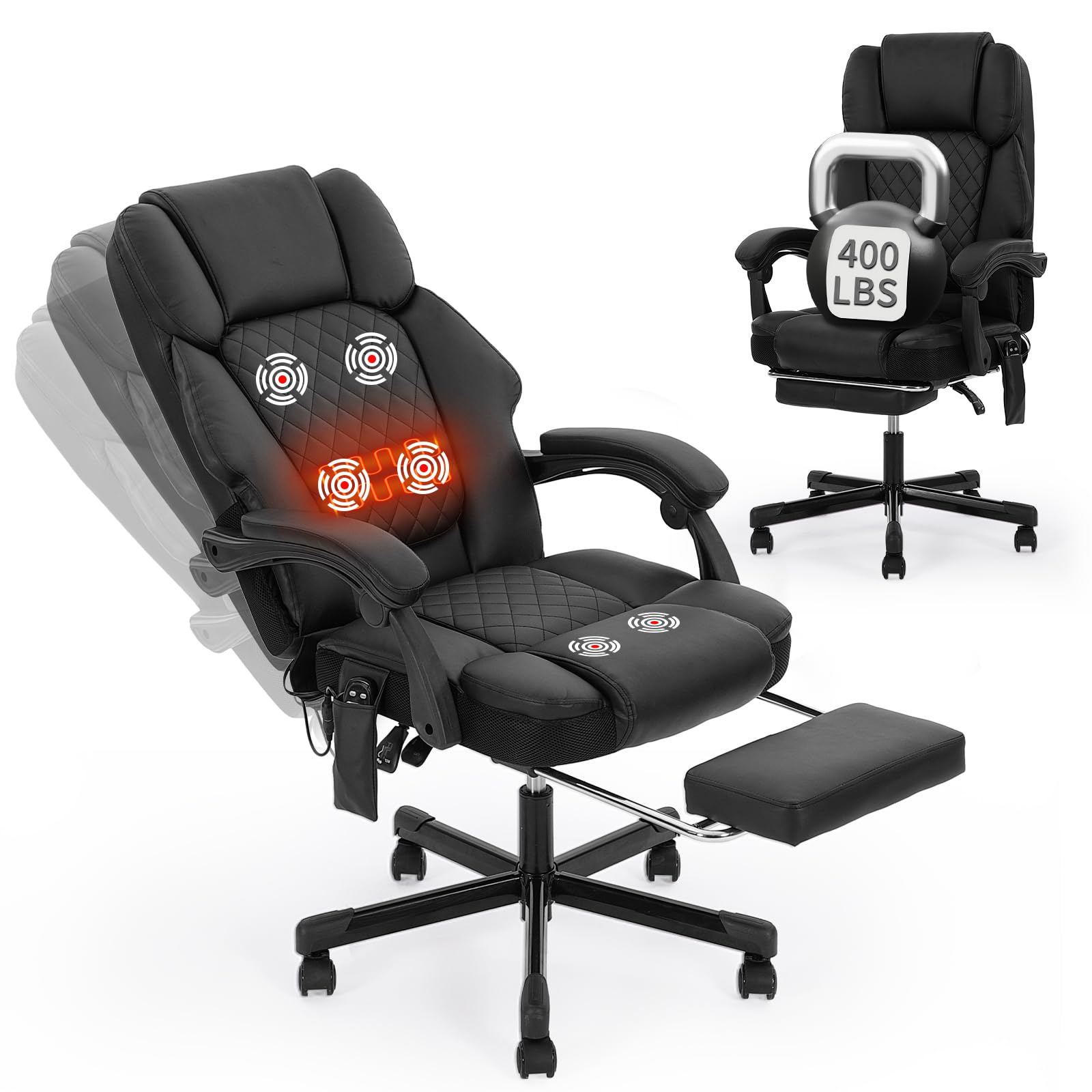 Massage Office Chair with Heat 6 Vibration Points, High Back & Heat, Executive Desk Chair, Big and Tall Office Chair 400lbs, Comfortable Ergonomic Reclining Managerial Chair