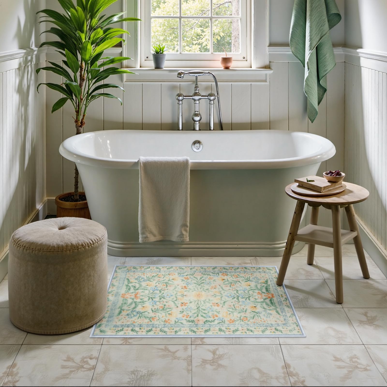 New Boho Floral Bath Rugs, Non Slip Washable Bathroom Rugs Fit Under Door, Ultra Soft and Absorbent Bath Mat