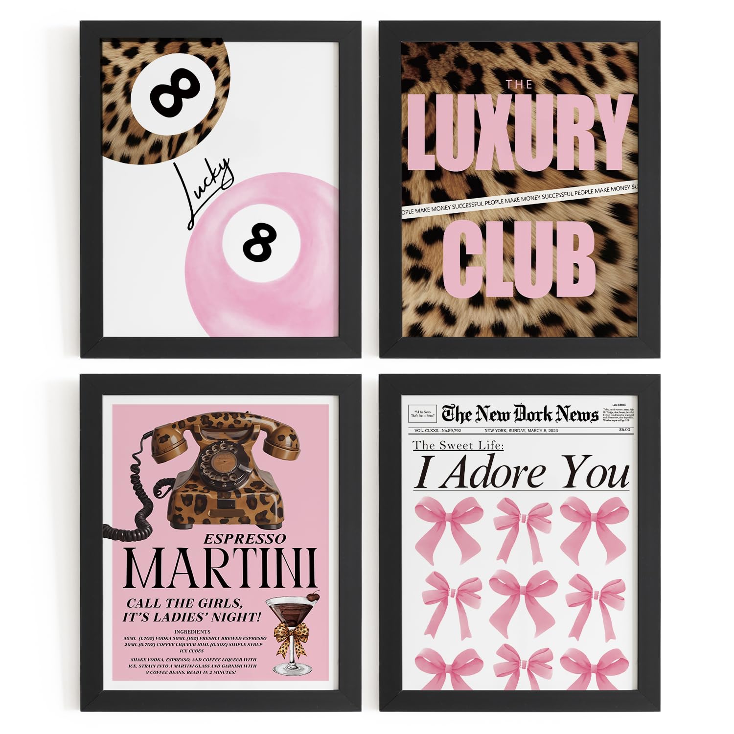 Trendy Leopard Wall Art Prints Set of 4 Funky Lucky 8 Ball Posters Prints Preppy Room Aesthetic Cheetah Wall Decor for Girls Room Dorm Apartment 8x10 Unframed