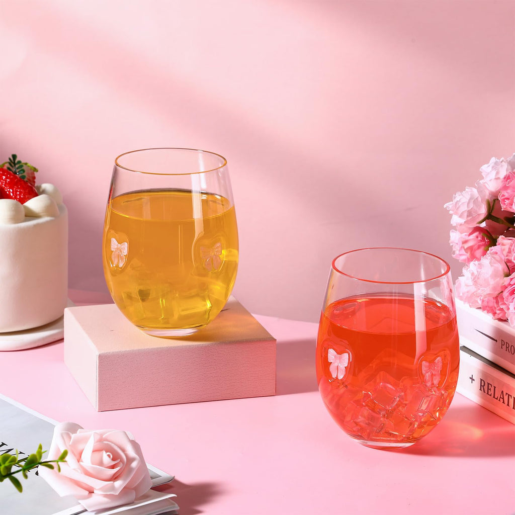 Pink Bow Aesthetic Stemless Wine Glasses 18 oz
