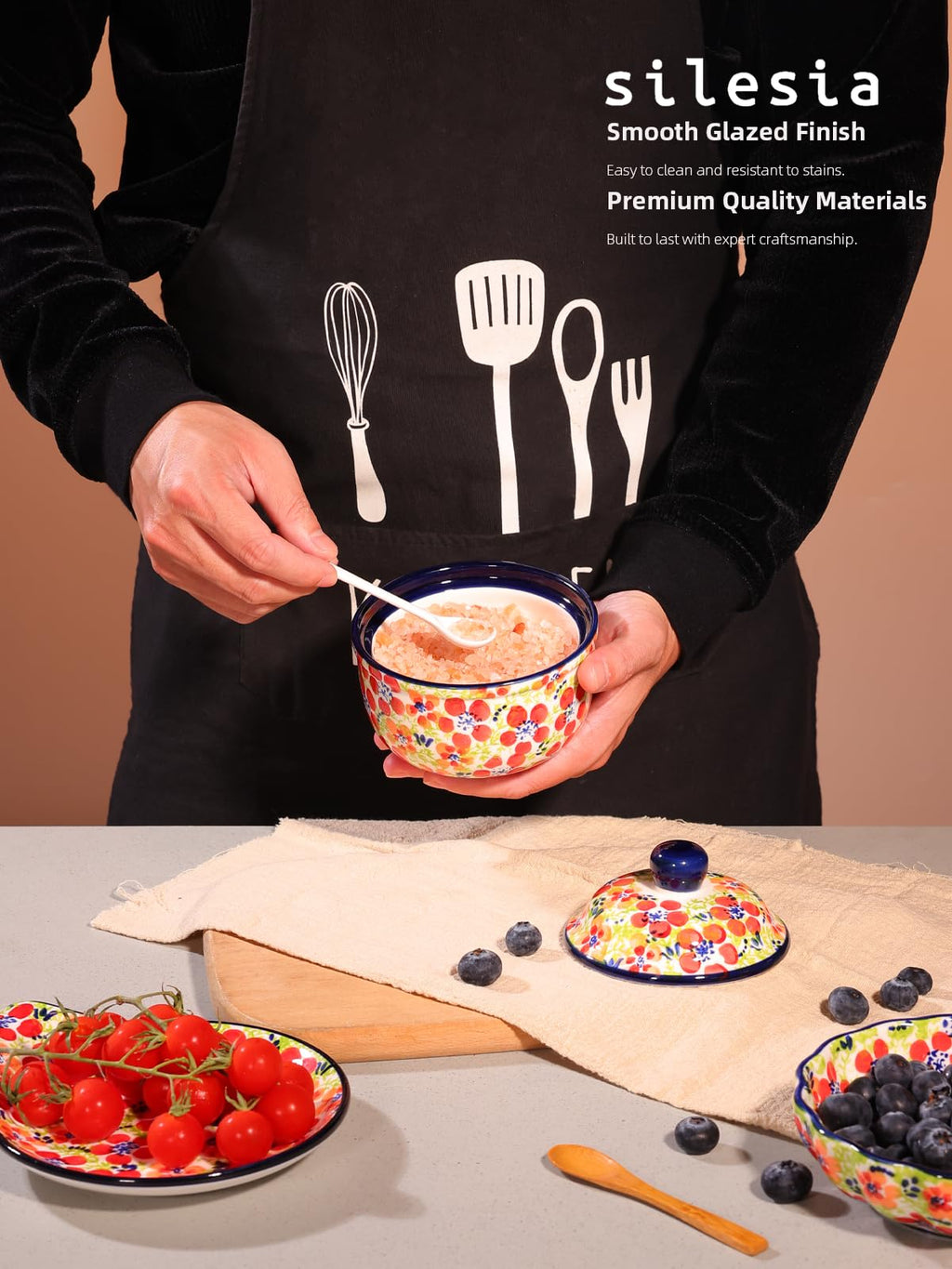 Handmade Sugar Bowl with Lid and Spoon, 10 Ounce Ceramic Hand-Painted Sugar Jar for Kitchen Oven, Dishwasher & Microwave Safe, Glazed