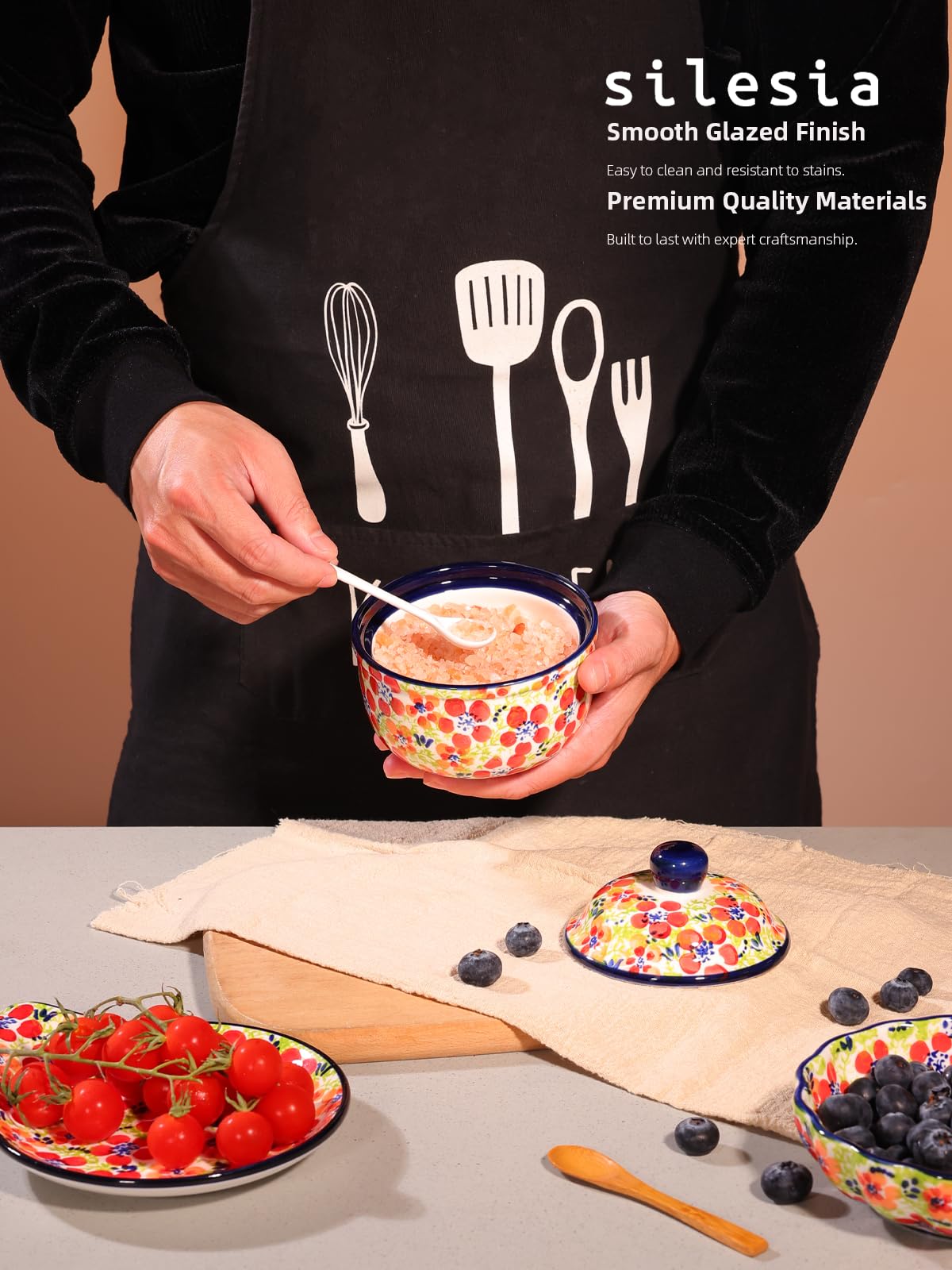 Handmade Sugar Bowl with Lid and Spoon, 10 Ounce Ceramic Hand-Painted Sugar Jar for Kitchen Oven, Dishwasher & Microwave Safe, Glazed